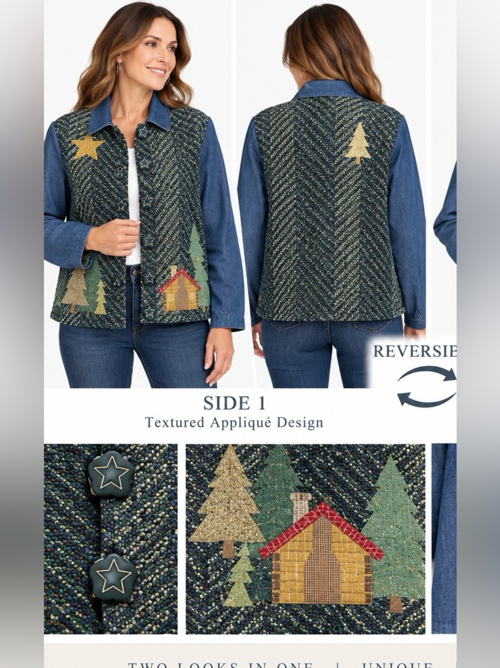 Reversible Wearable Art Jacket Folk Art Cabin Tree Appliqué Denim Cottagecore XL